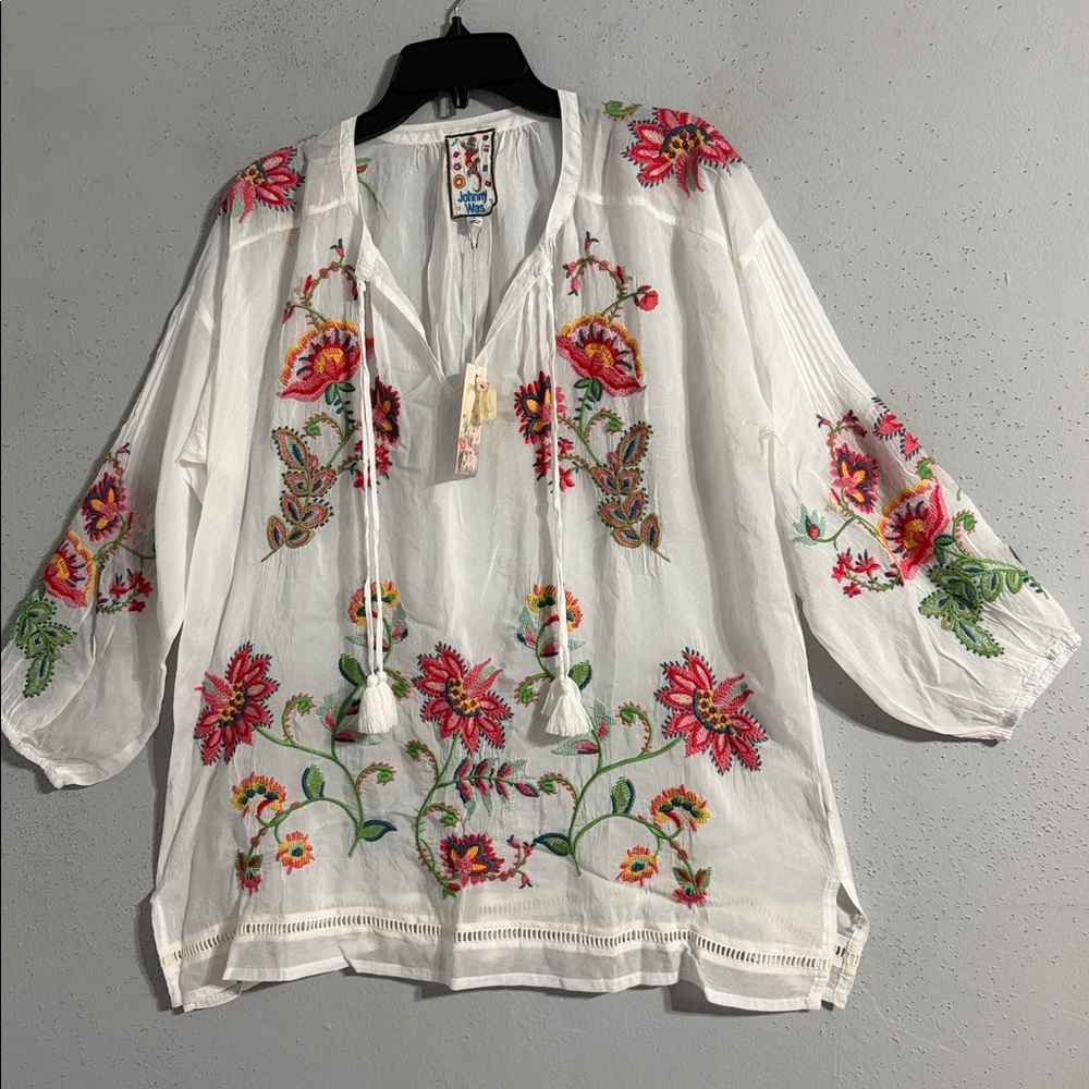 Johnny Was White Embroidered Floral Tunic with Pink and Green Accents - Picture 13 of 13